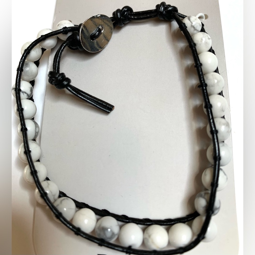 Howlite white Bracelet Beads Leather Weaving Metal Calming Stone Reiki Anxiety
